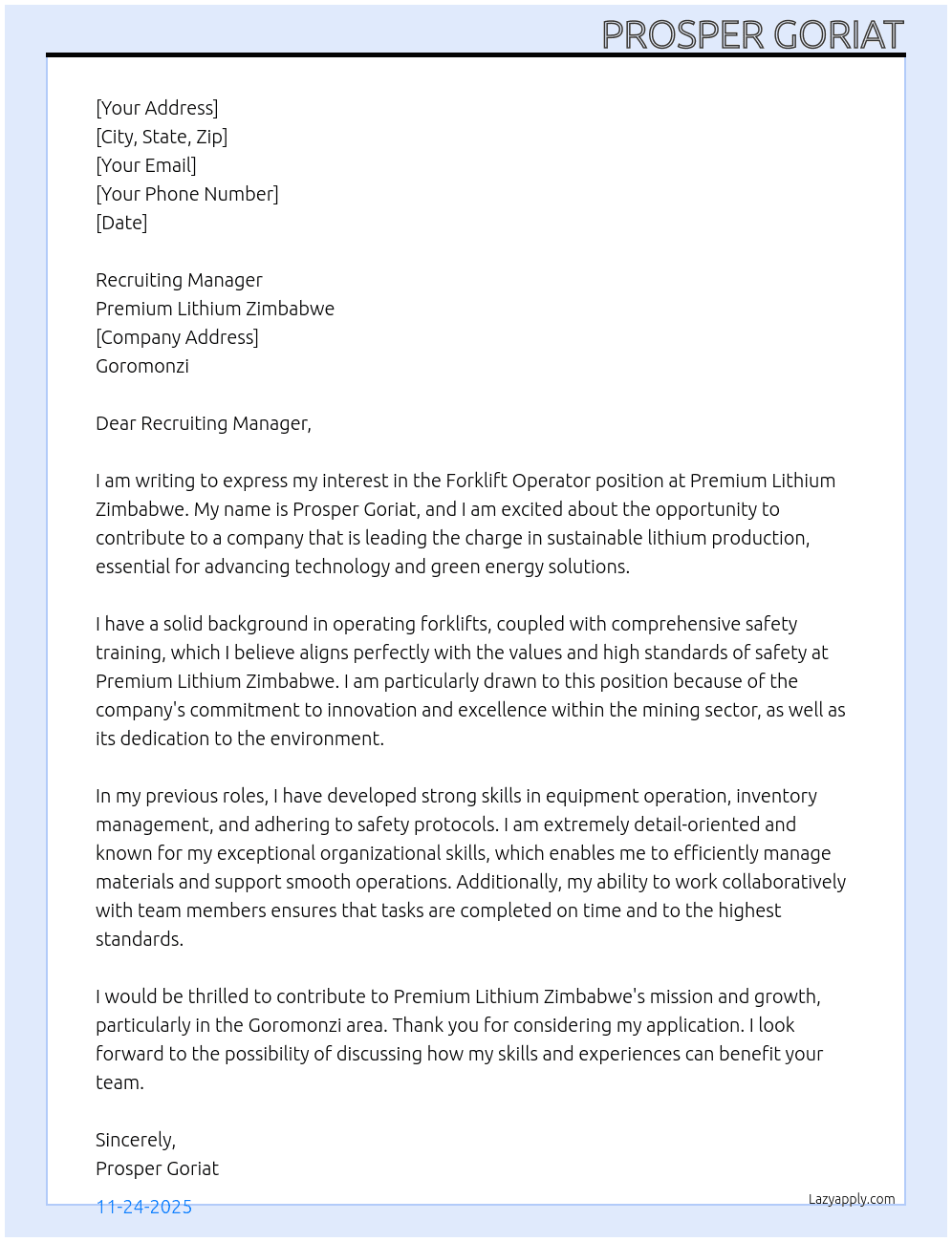 Forklift Operator At Premium Lithium Zimbabwe Cover Letter