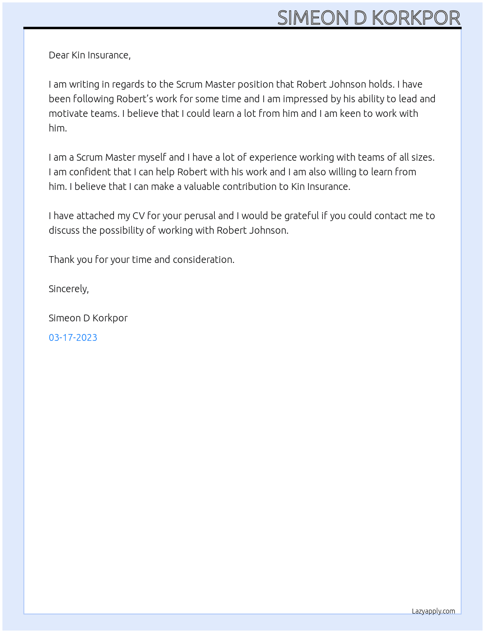 Scrum Master At Kin Insurance  Cover Letter