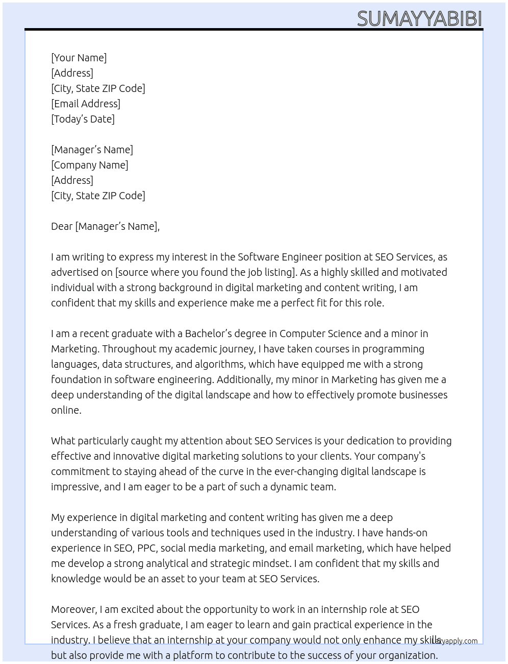 softwar engineer At seo services Cover Letter