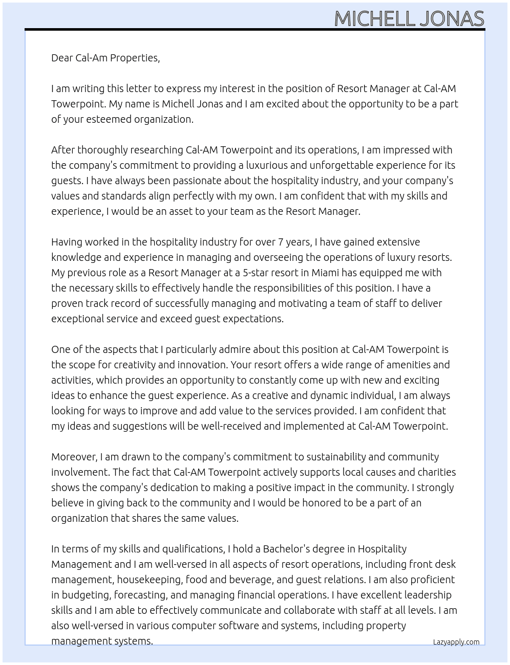 Resort Manager At Cal-AM Towerpoint Cover Letter