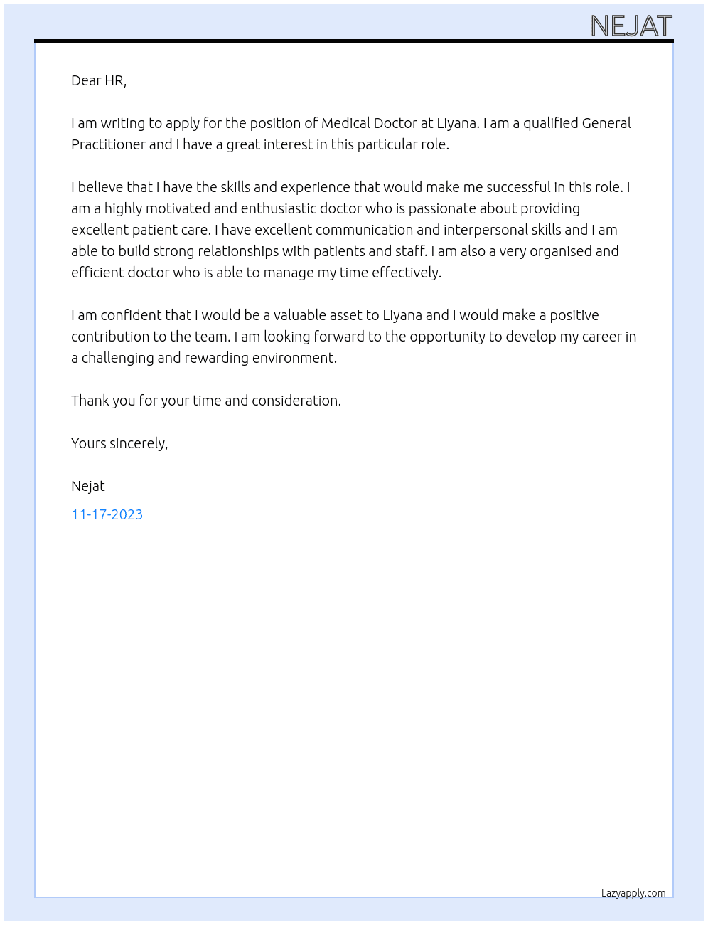 Medical doctor At Liyana Cover Letter