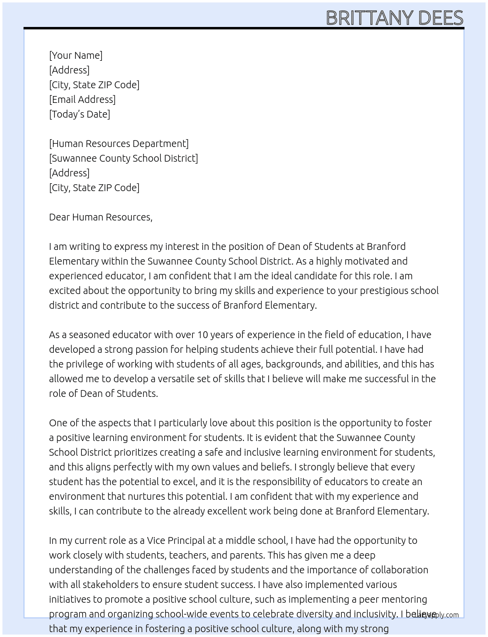 Cover letter for dean of students branford elementary - LazyApply