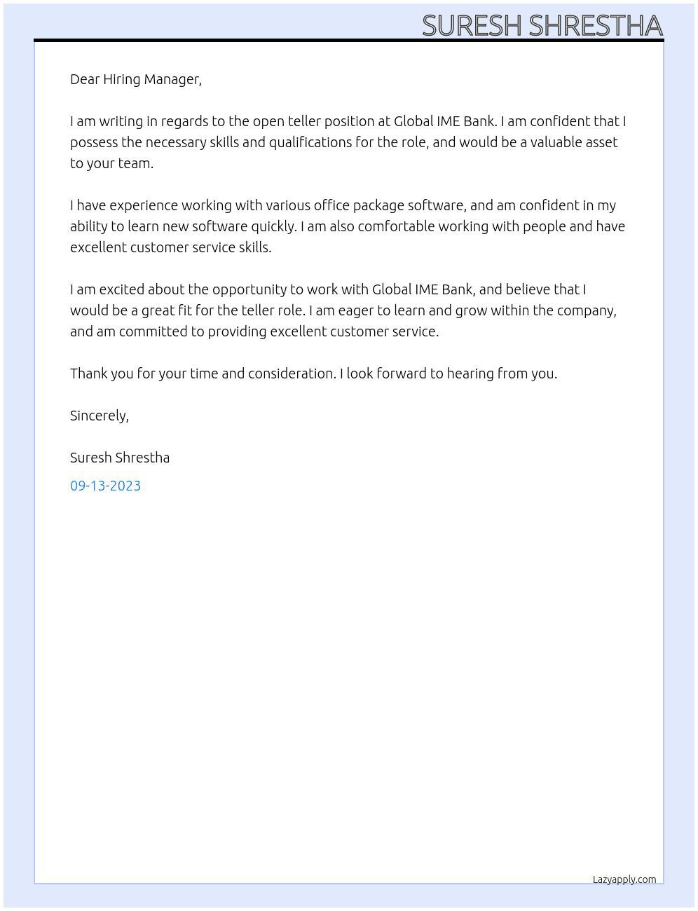 teller At Global IME Bank Cover Letter