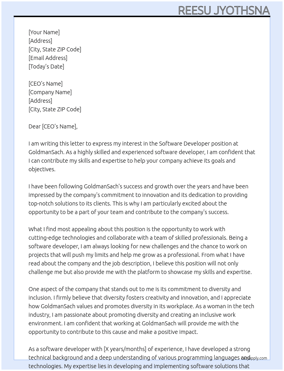 software develpoer At goldmansach Cover Letter