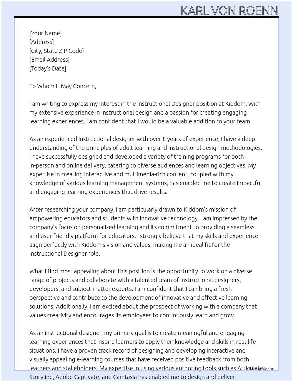 Instructional Designer At Kiddom Cover Letter