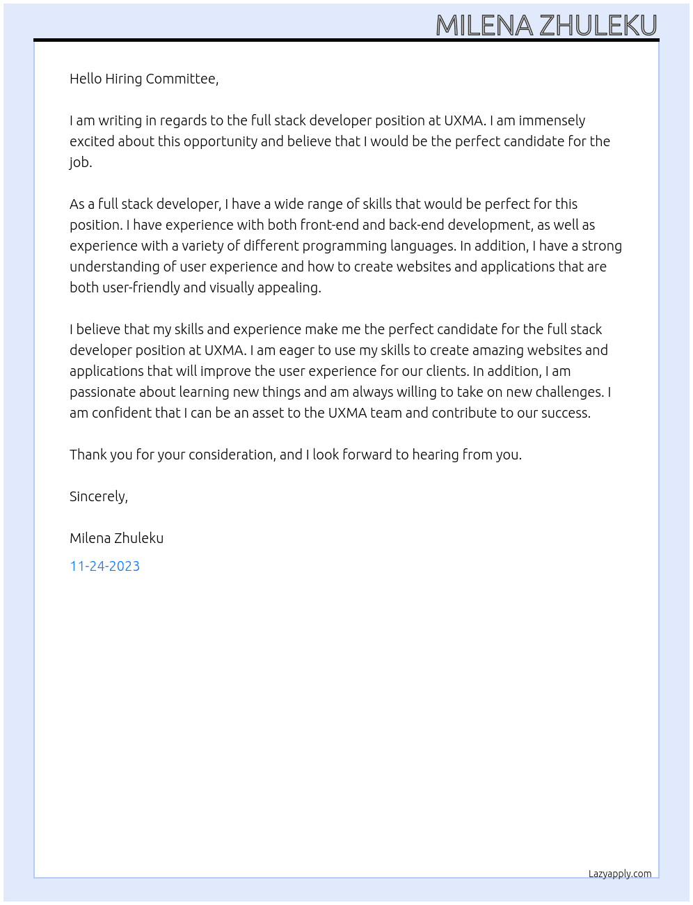 full stack developer  At UXMA Cover Letter
