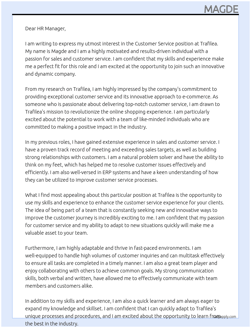 customer service At Trafilea Cover Letter