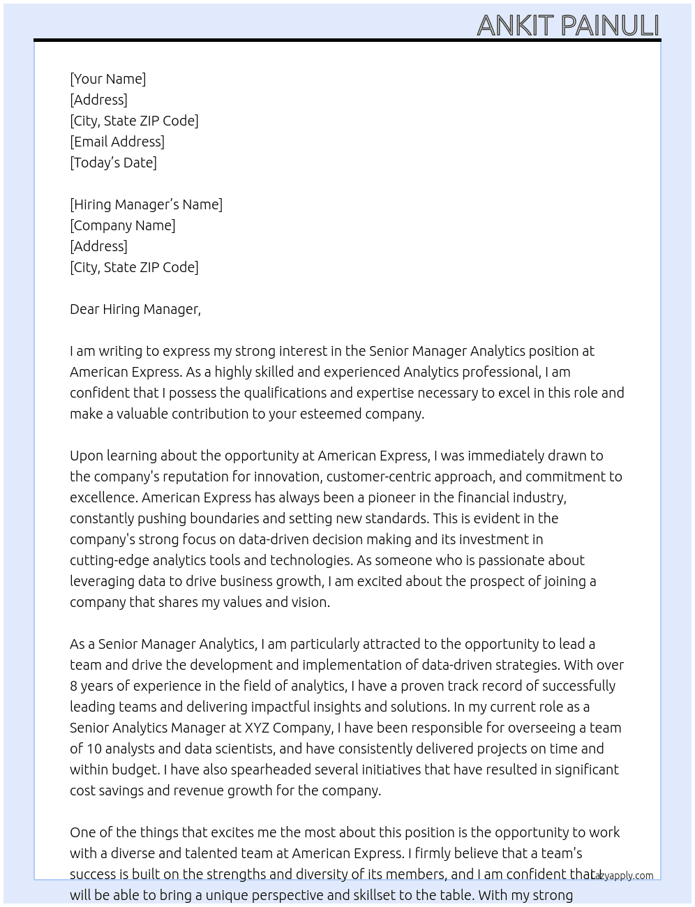 Senior manager Analytics At Amercian Express Cover Letter