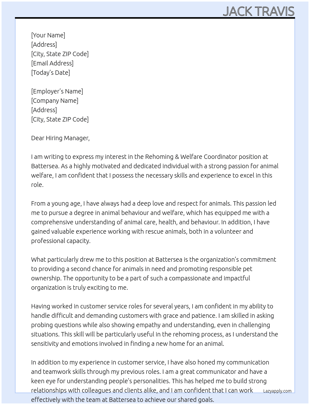 Rehoming & Welfare Coordinator (Dog Rehoming) At Battersea  Cover Letter