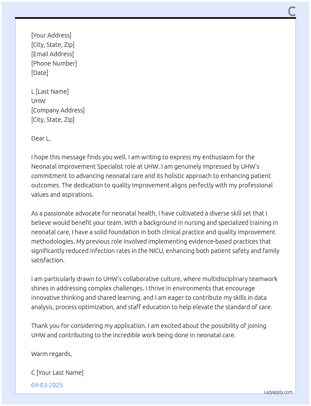 Neonatal Improvement Specialist Role At UHW Cover Letter
