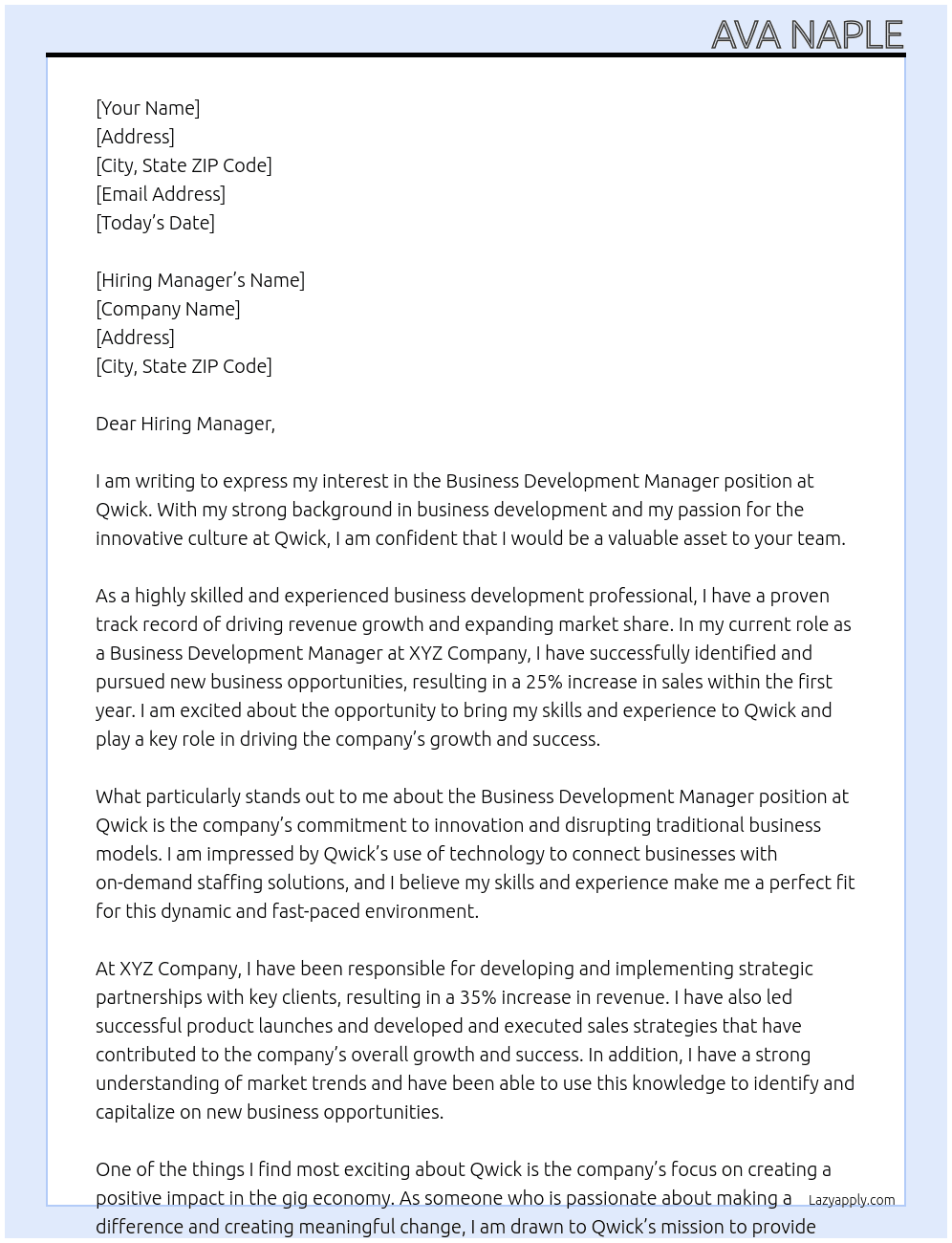 Business Development Manager At Qwick Cover Letter