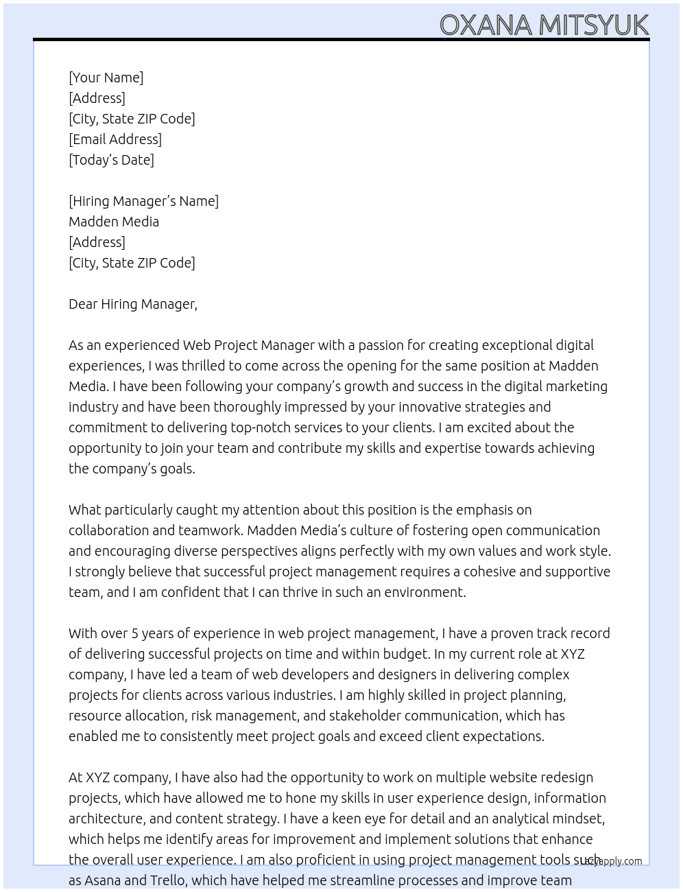 Web Project Manager At Madden Media Cover Letter