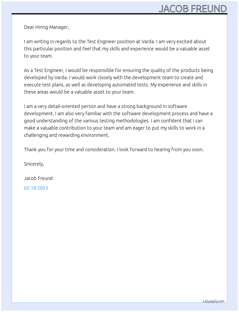 Test Engineer At Varda Cover Letter
