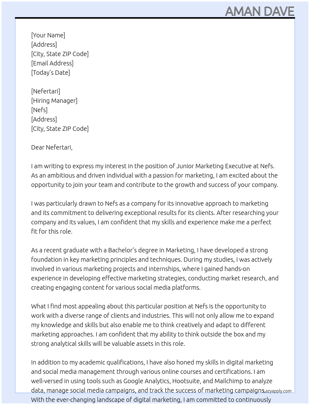 junior marketing executive At Nefs Cover Letter