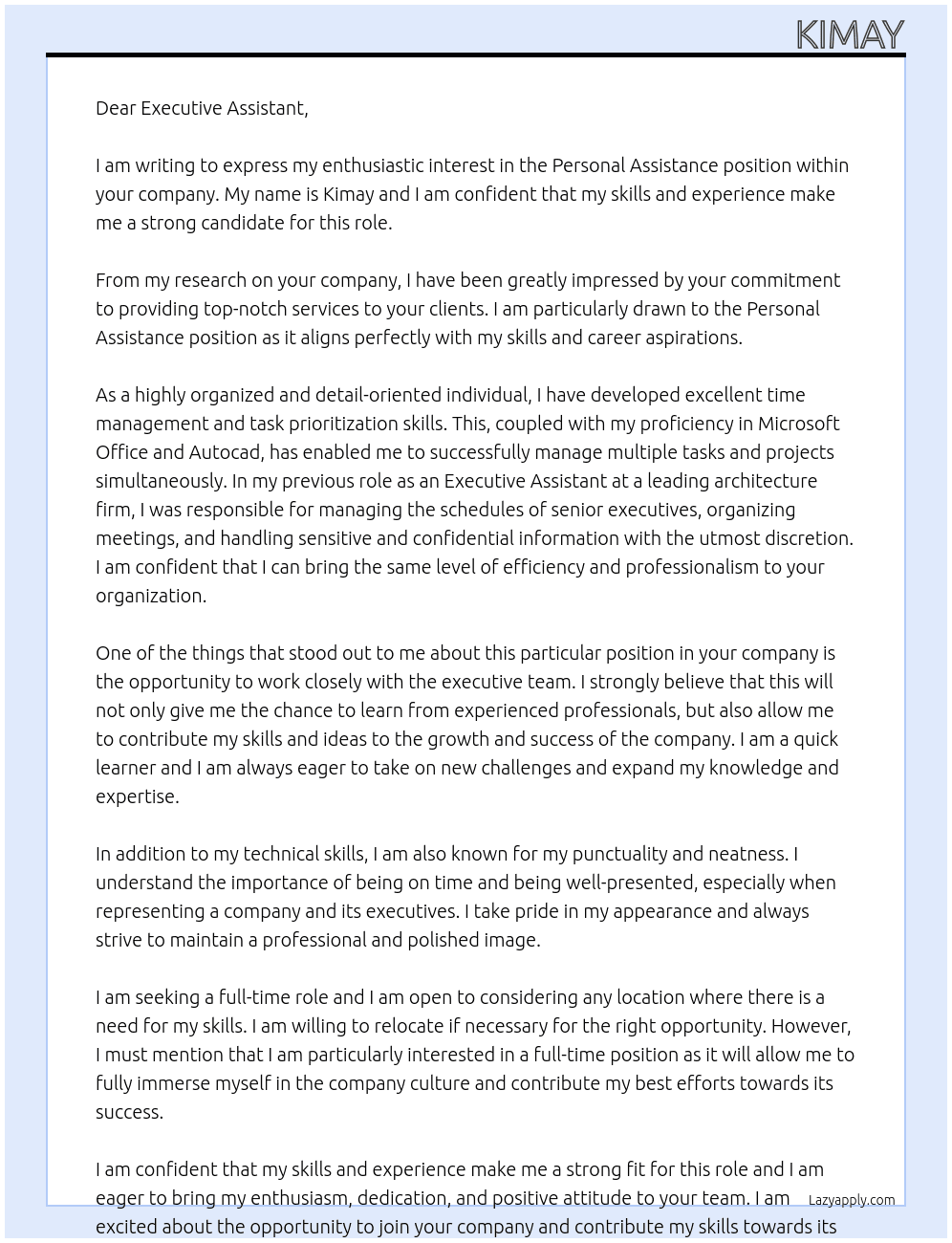 Personal assistance  At Executive assistant Cover Letter