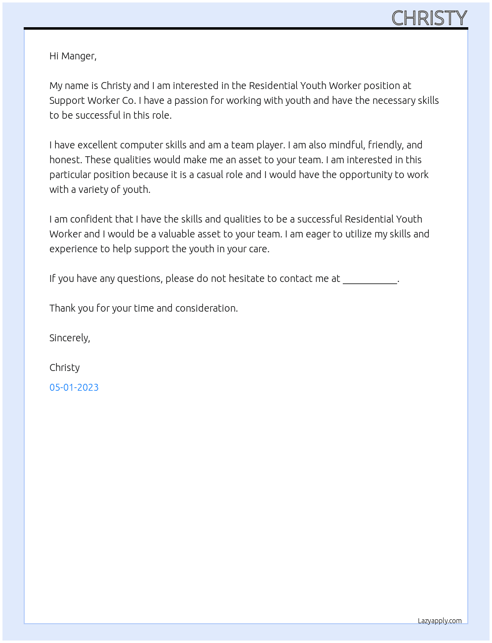 Residential Youth Worker At Support Worker Co Cover Letter