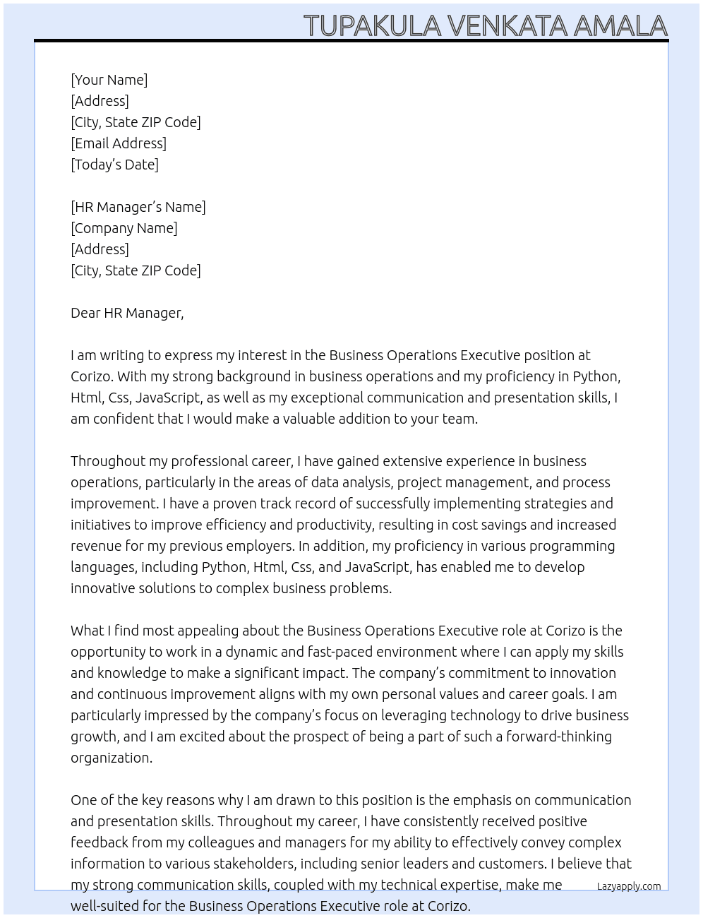 Business Operations Executive Role At Corizo Cover Letter