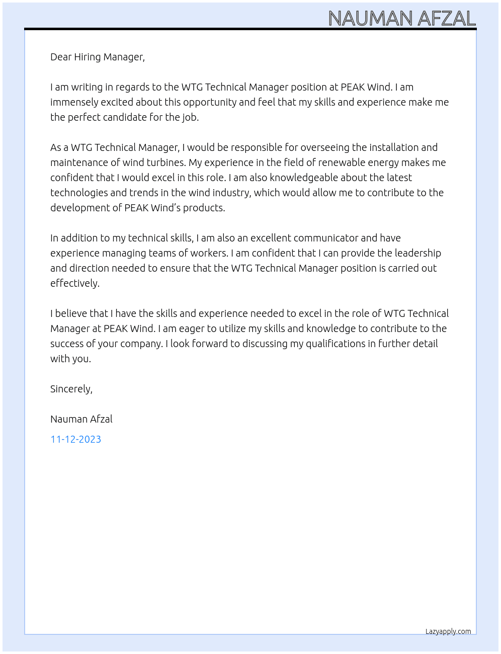 WTG Technical Manager At PEAK Wind Cover Letter