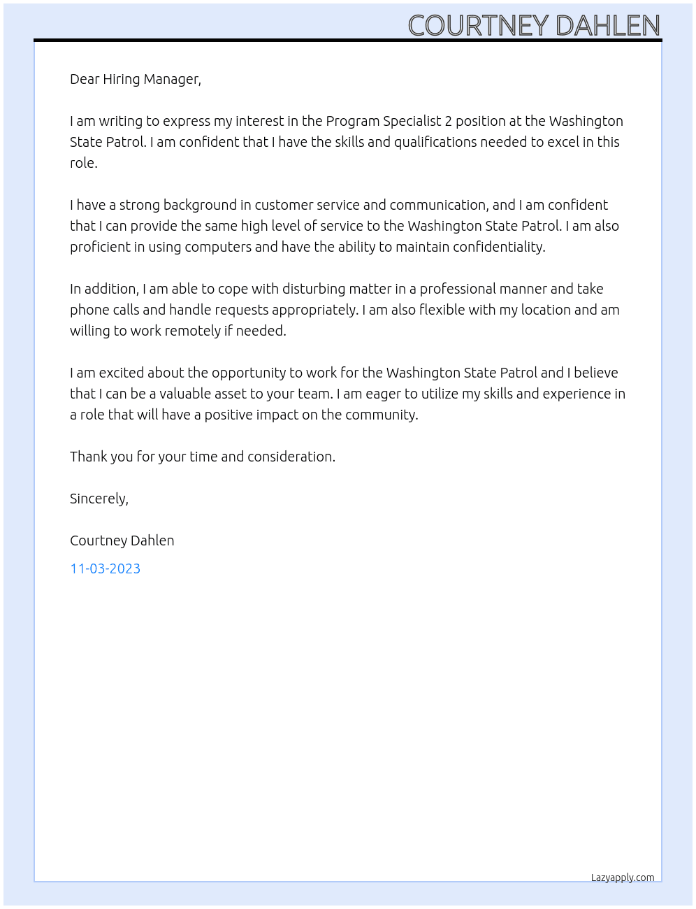 Program Specialist 2 At Washington State Patrol  Cover Letter