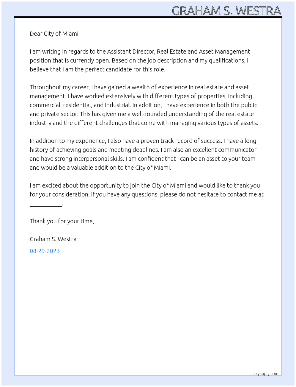 Assistant Director, Real Estate and Asset Management for The City of Miami At City of Miami Cover Letter