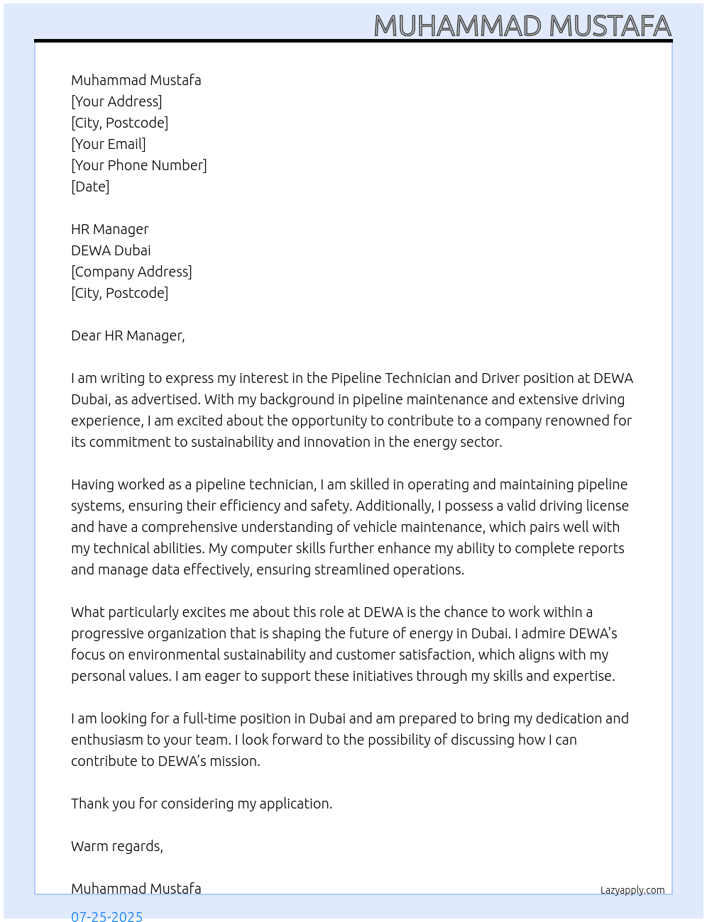 pipeline technician and driver At DEWA Dubai Cover Letter