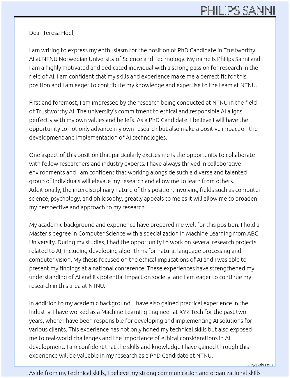 PhD Candidate in Trustworthy AI At NTNU Norwegian University of Science and Technology Cover Letter