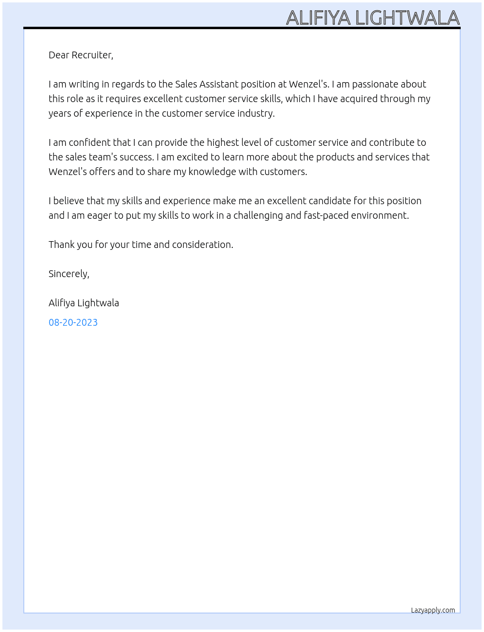 Sales Assitant At Wenzel's Cover Letter