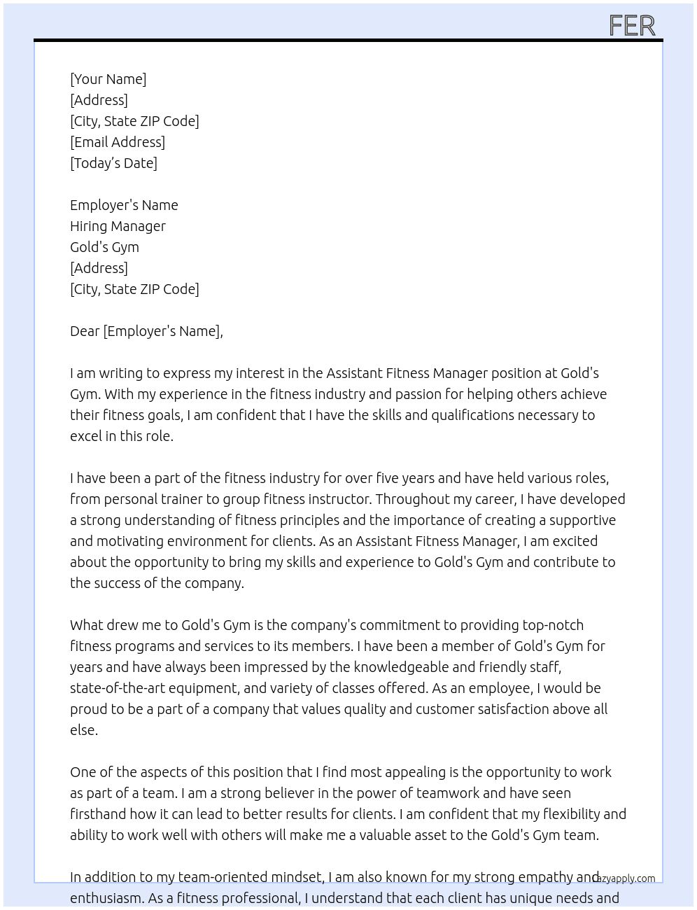 Assistant fitness manager  At Golds gym Cover Letter