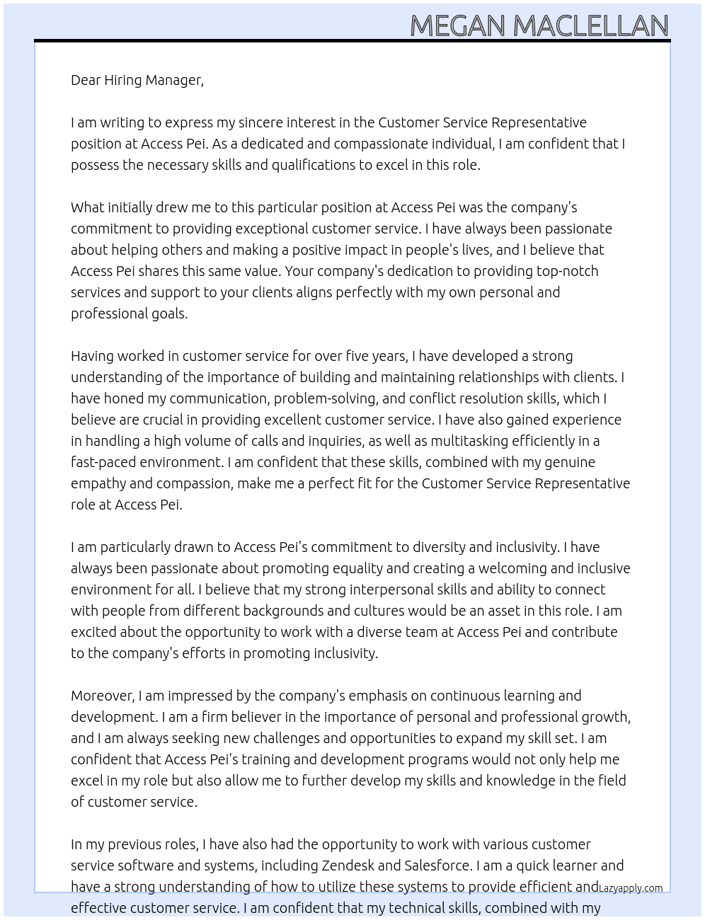 Customer Service Representative At Access Pei Cover Letter