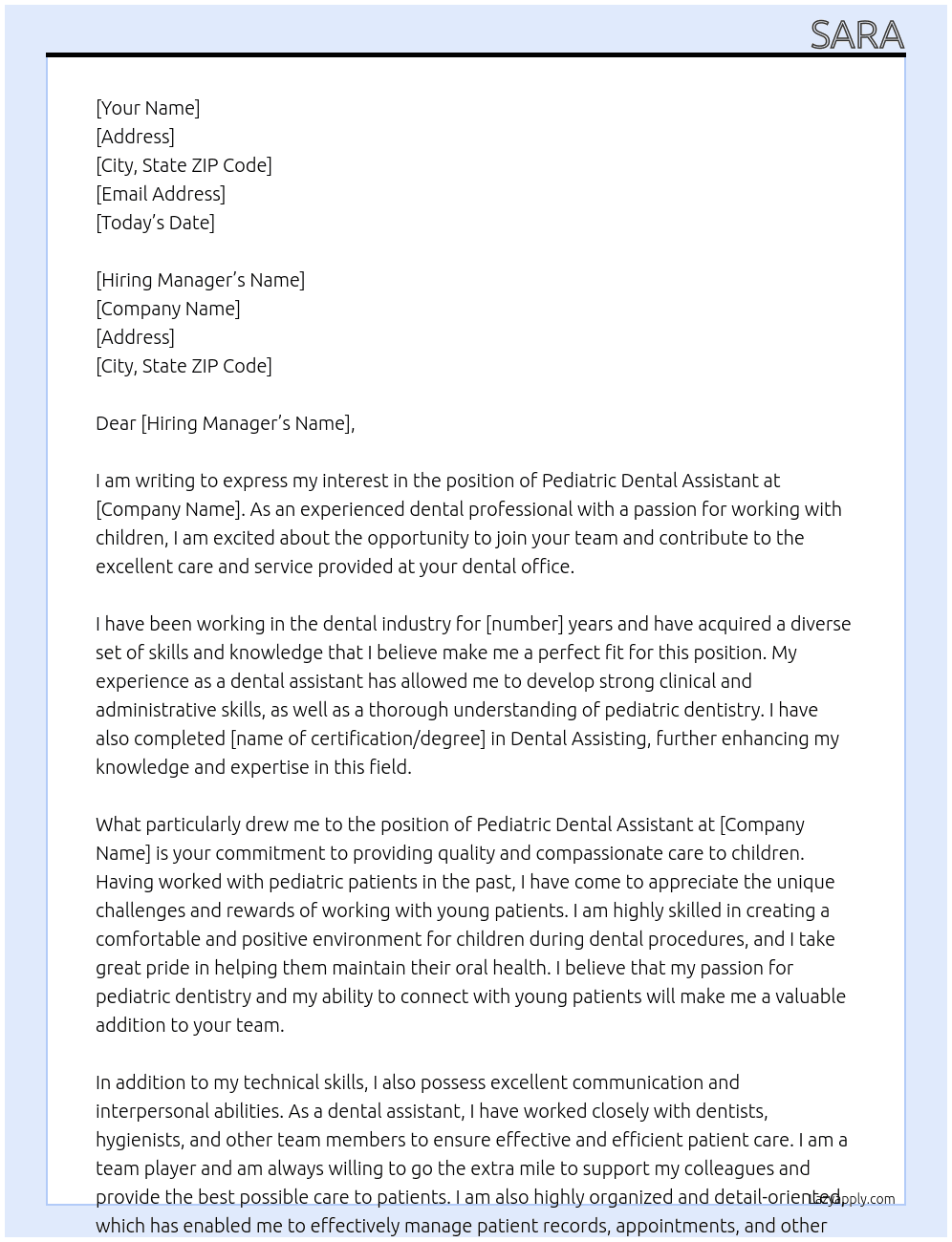 pediatric dental assistant At dental office Cover Letter