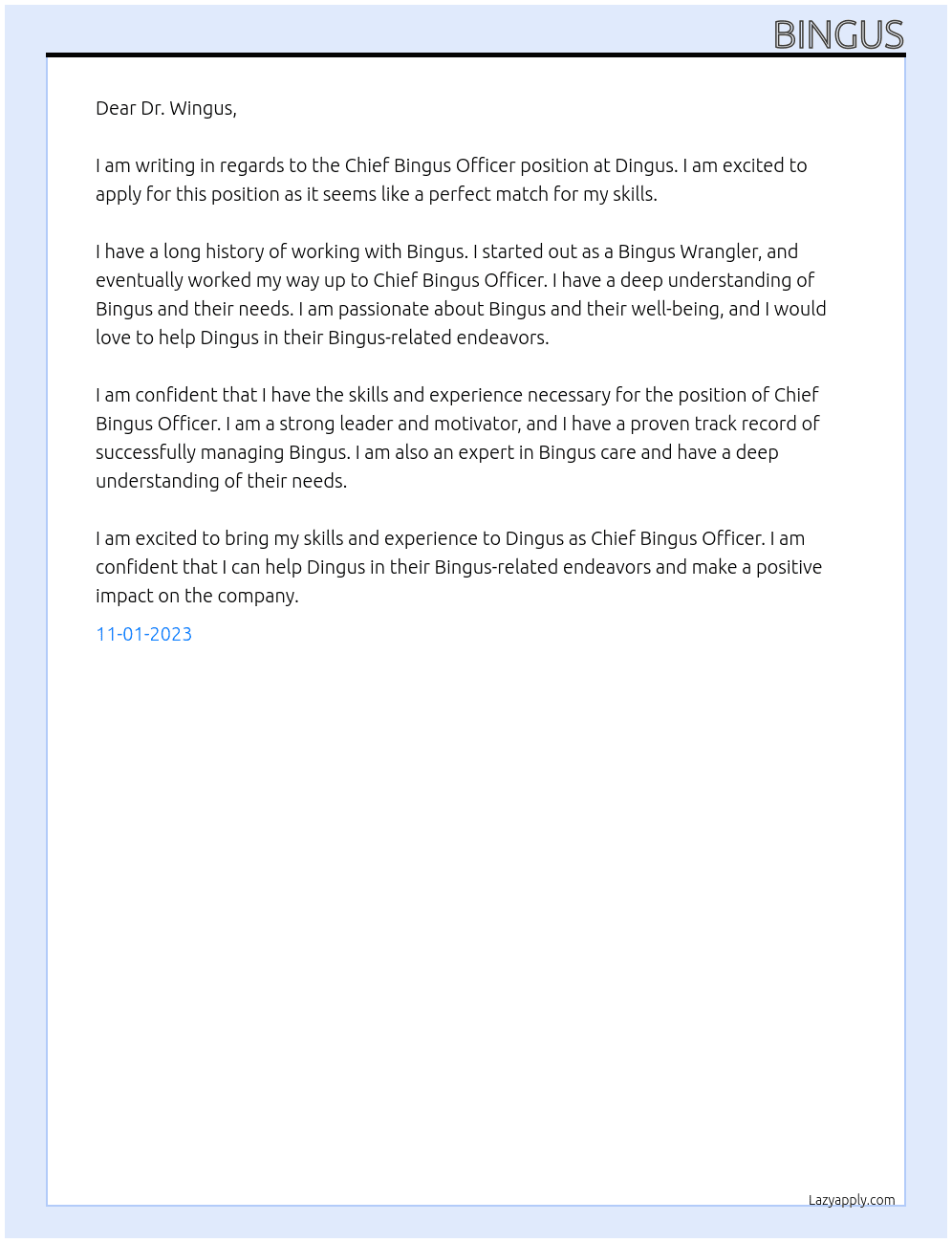 Chief Bingus Officer At Dingus Cover Letter