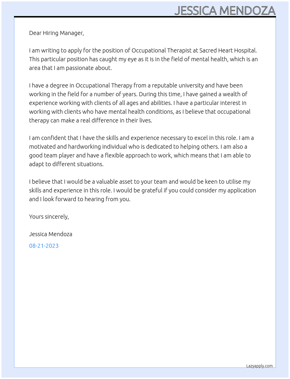 Occupational Therapist, Mental Health At Sacred Heart, Hospital Cover Letter