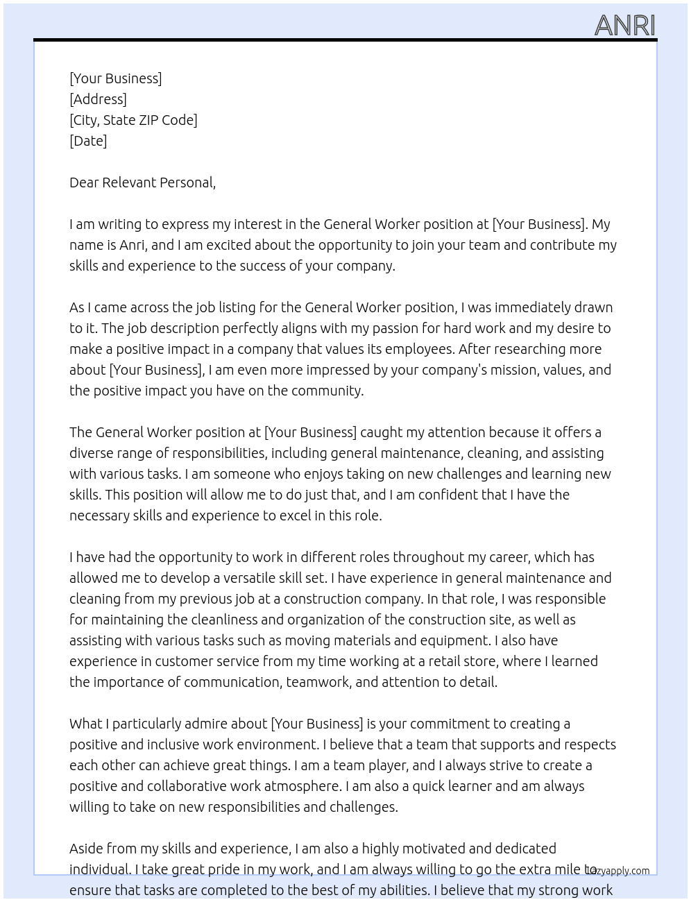 General worker At your business  Cover Letter