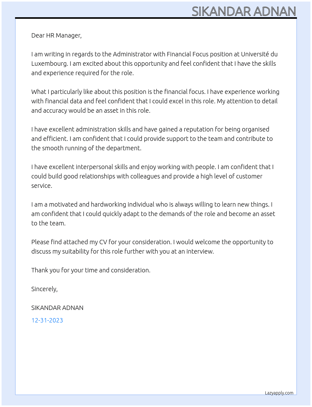 Administrator with Financial Focus At Université du Luxembourg Cover Letter