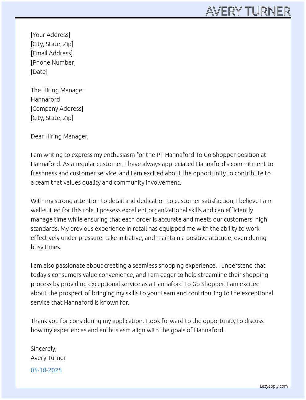 PT Hannaford To Go Shopper At Hannaford Cover Letter