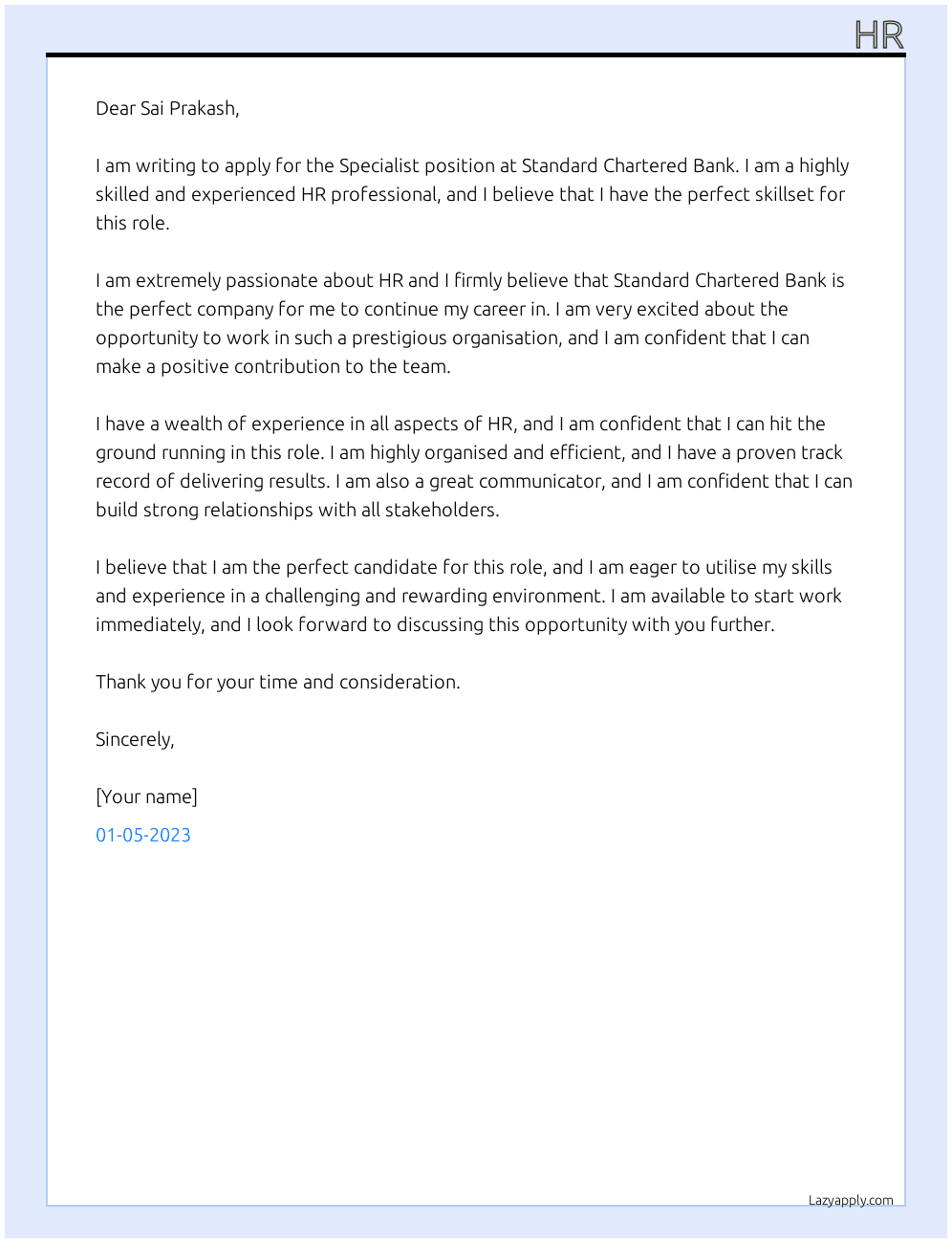 SPECIALIST At STANDARD CHARTERED BANK Cover Letter
