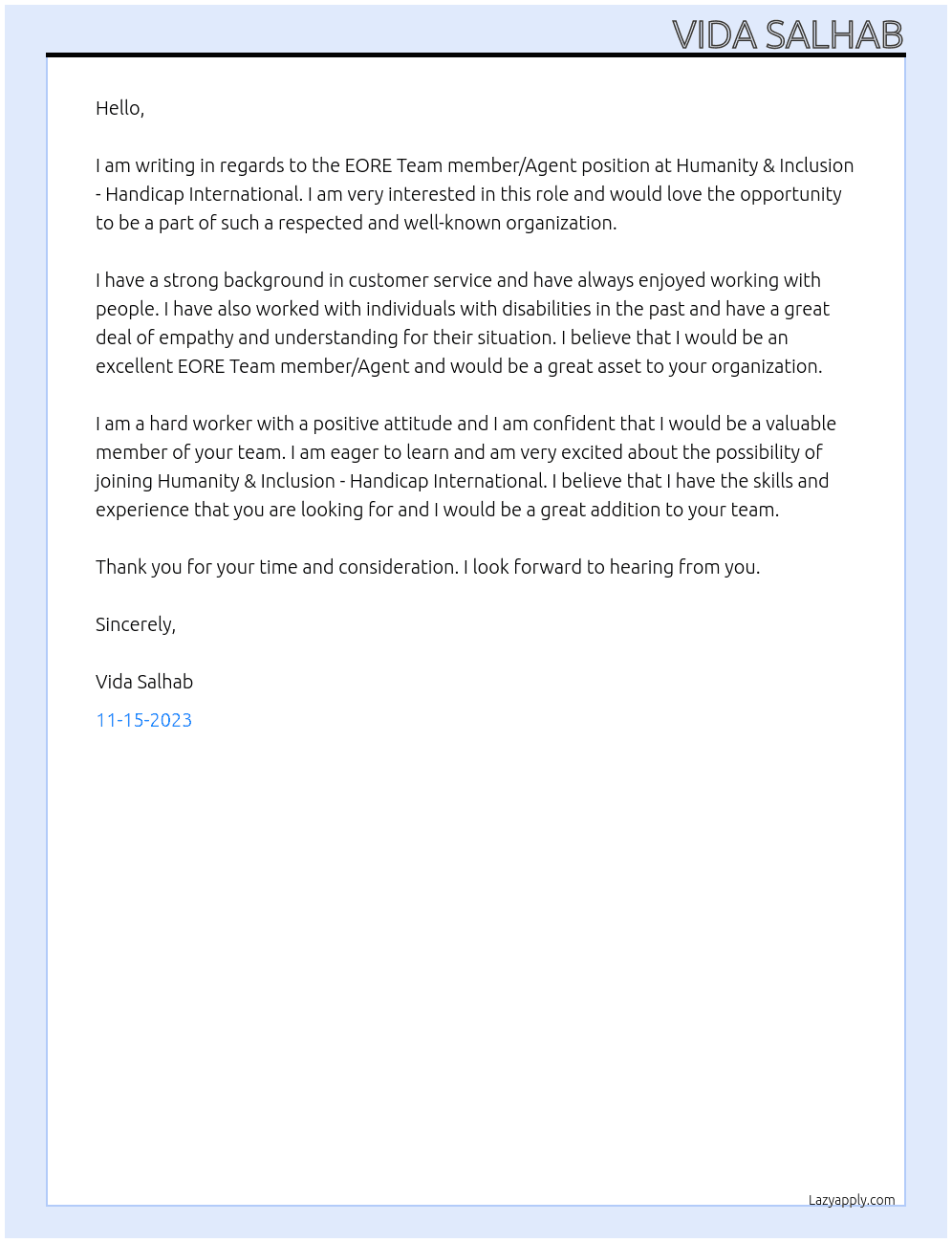 EORE Team member/Agent At Humanity & Inclusion - Handicap International Cover Letter