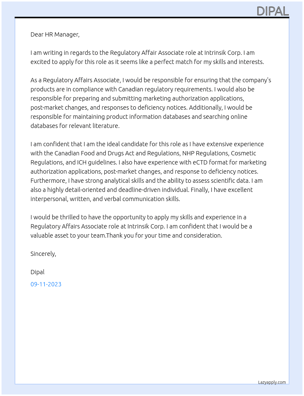 Regulatory Affair Associate At Intrinsik Corp. Cover Letter