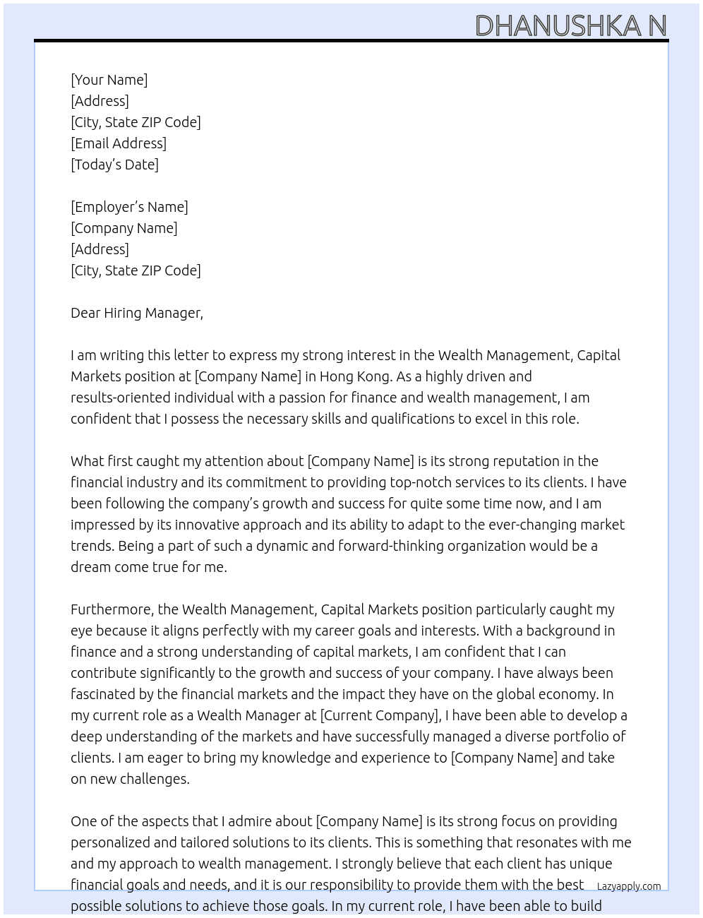 Wealth Management, Capital Markets  At HONG KONG Cover Letter