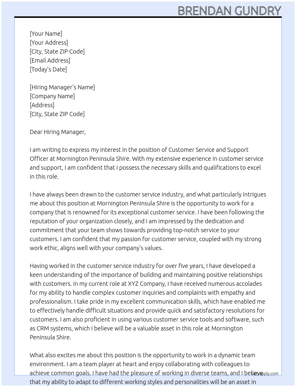 Customer Service and Support Officer At Mornington Peninsula Shire Cover Letter