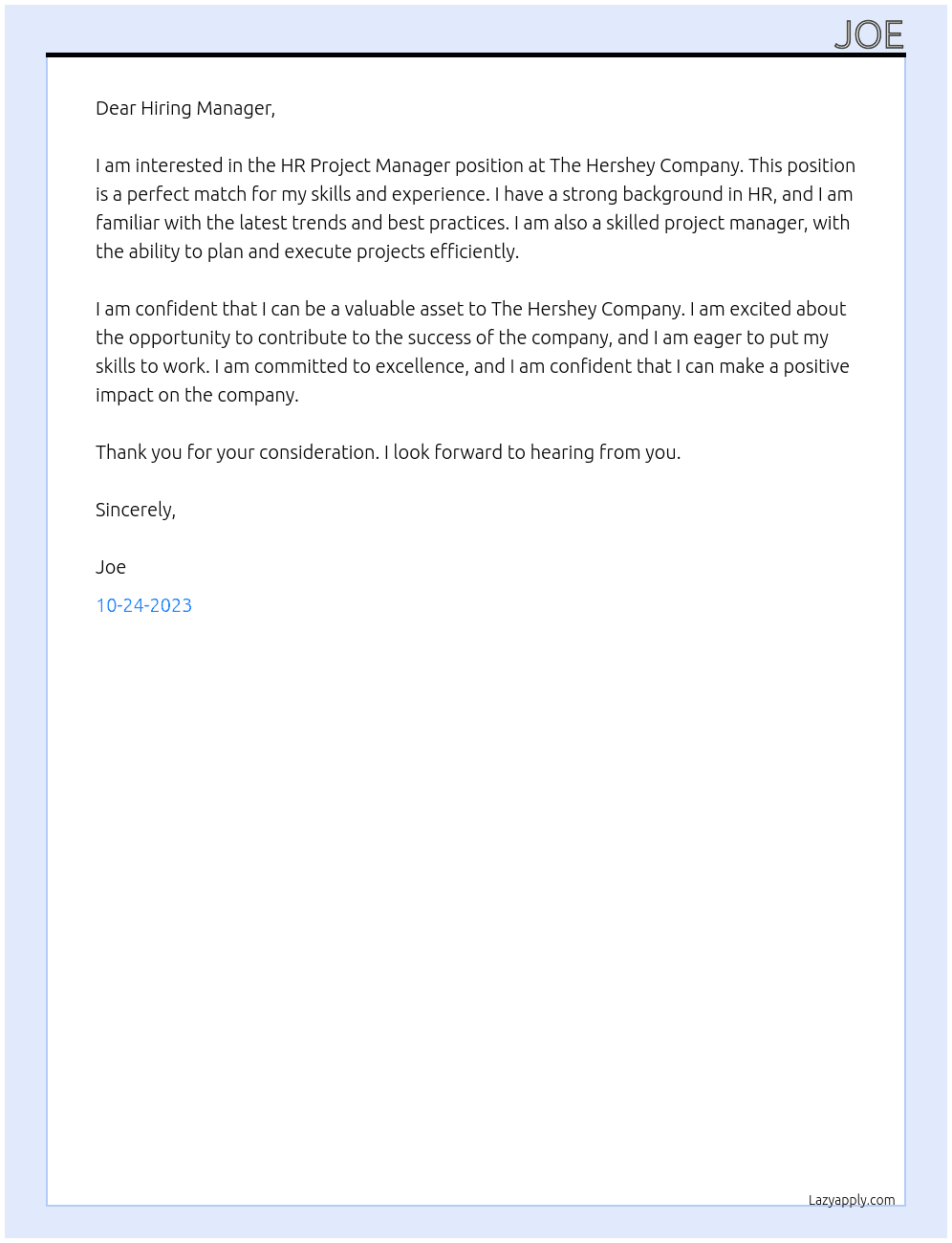 HR Project Manager At The Hershey Company Cover Letter