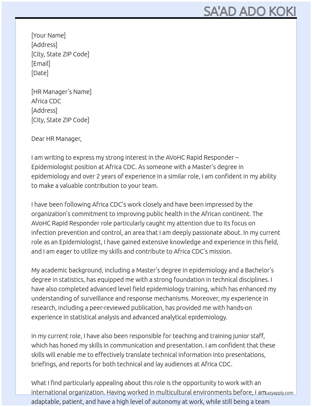 AVoHC Rapid Responder – Epidemiologist At Africa CDC Cover Letter