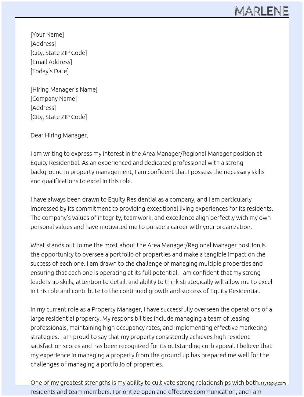 Area Manager/Regional Manager At Equity Residential  Cover Letter
