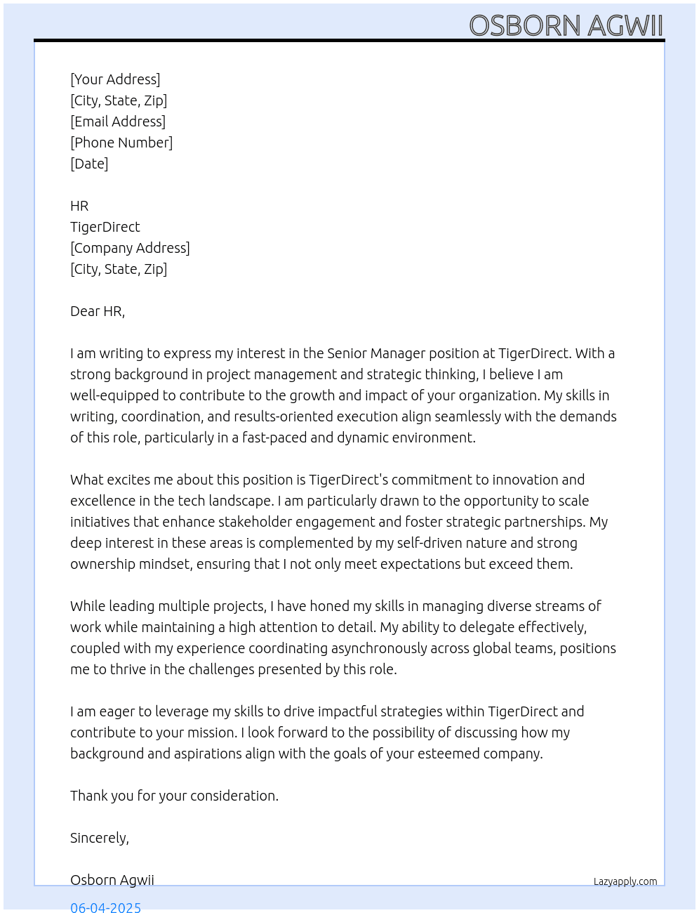 Senior Manager At TigerDirect Cover Letter