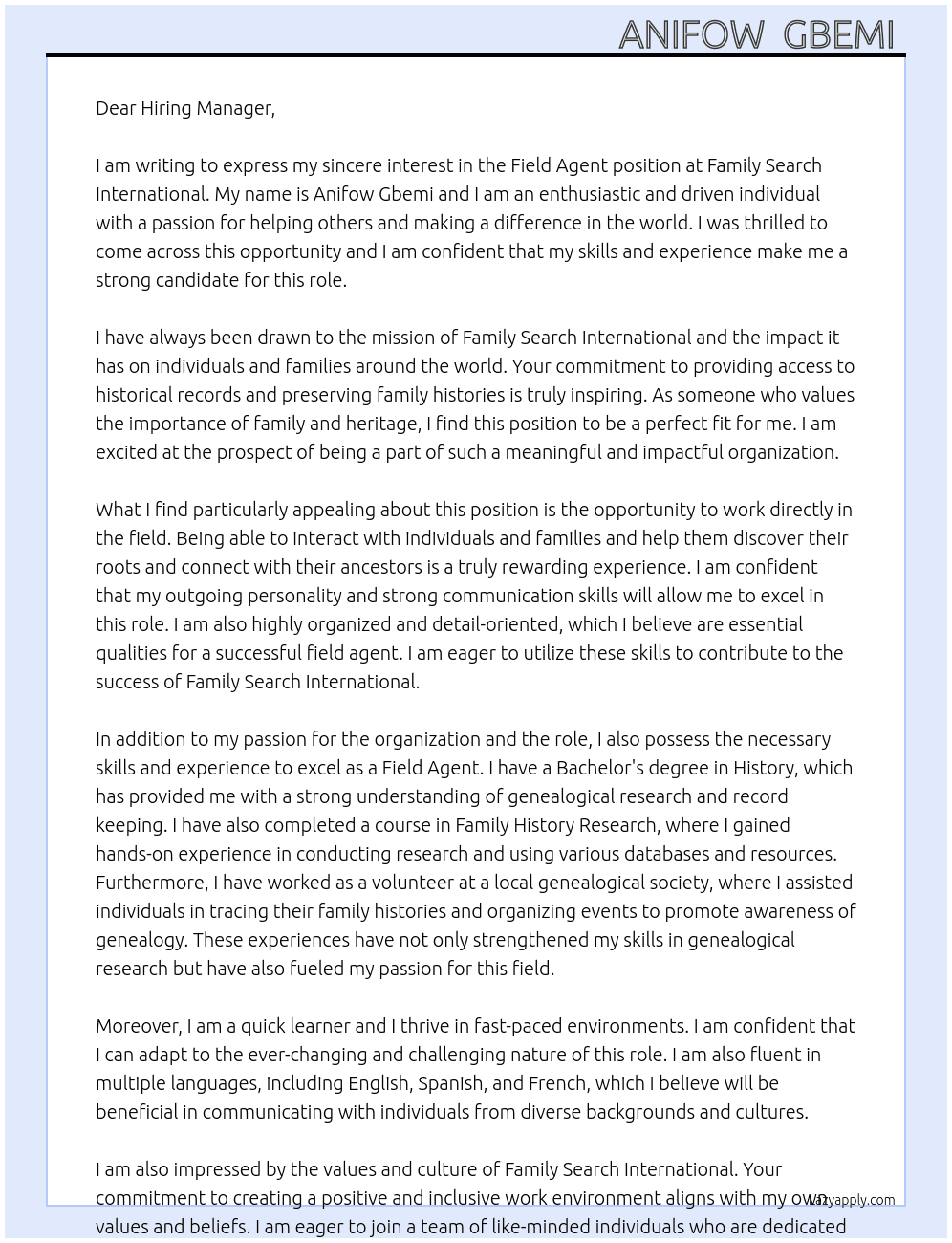 Field agent At Family search international  Cover Letter