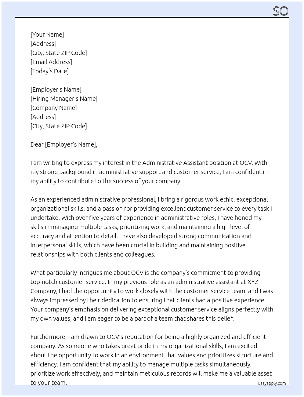 administraive assitant At OCV Cover Letter
