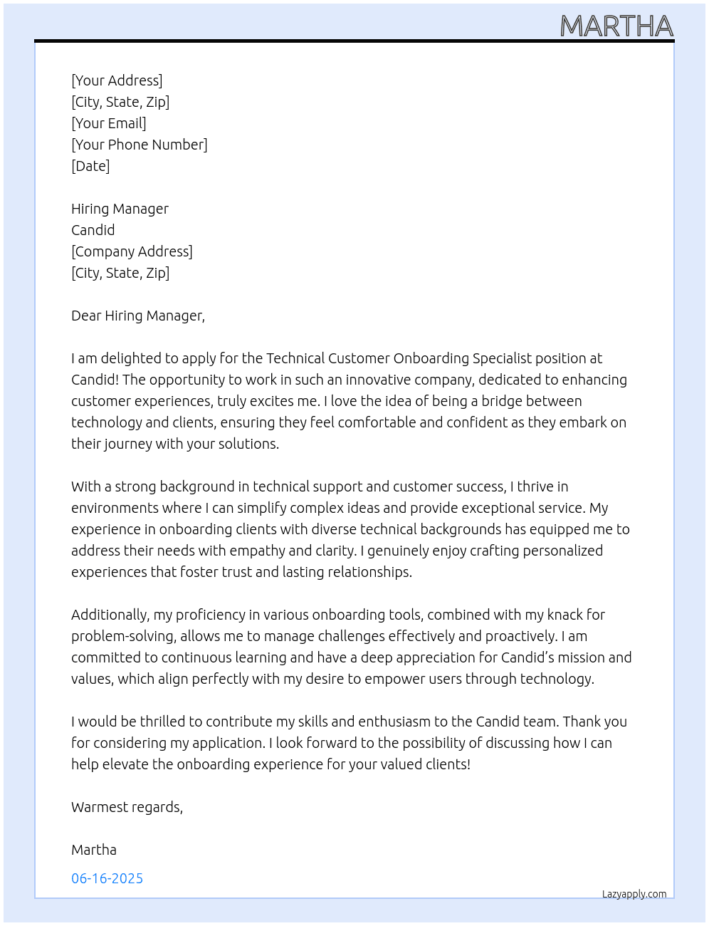 Cover letter for technical customer onboarding specialist - LazyApply
