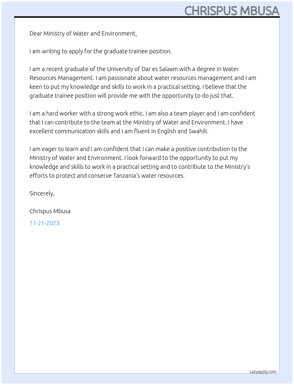 Graduate trainee At Ministry of Water and Environment Cover Letter