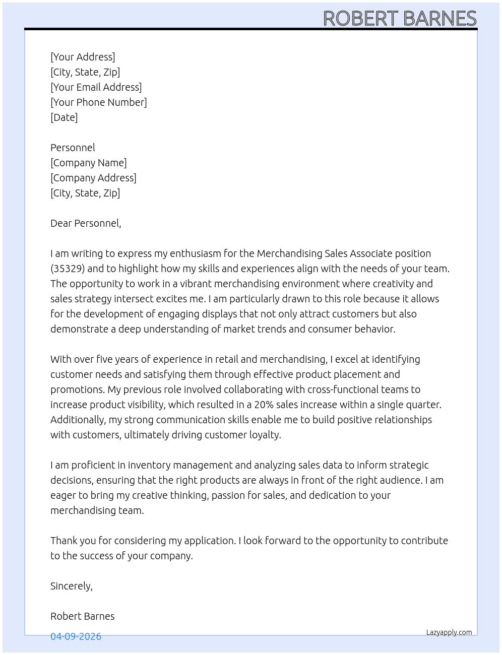 Merchandising Sales Associate (35329) At N/A Cover Letter