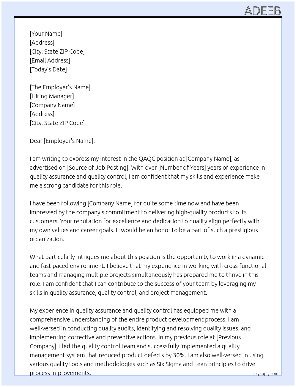 QAQC At ABC Cover Letter